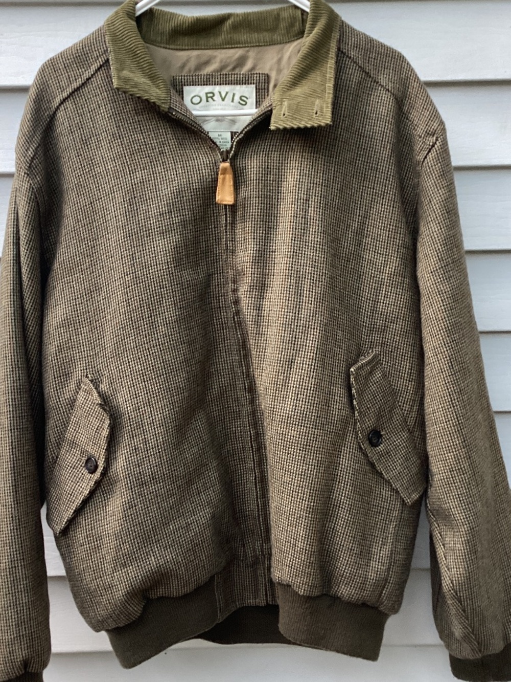 Vintage Orvis Wool Tweed Bomber Jacket Brown Houndstooth Plaid Full Zip Medium